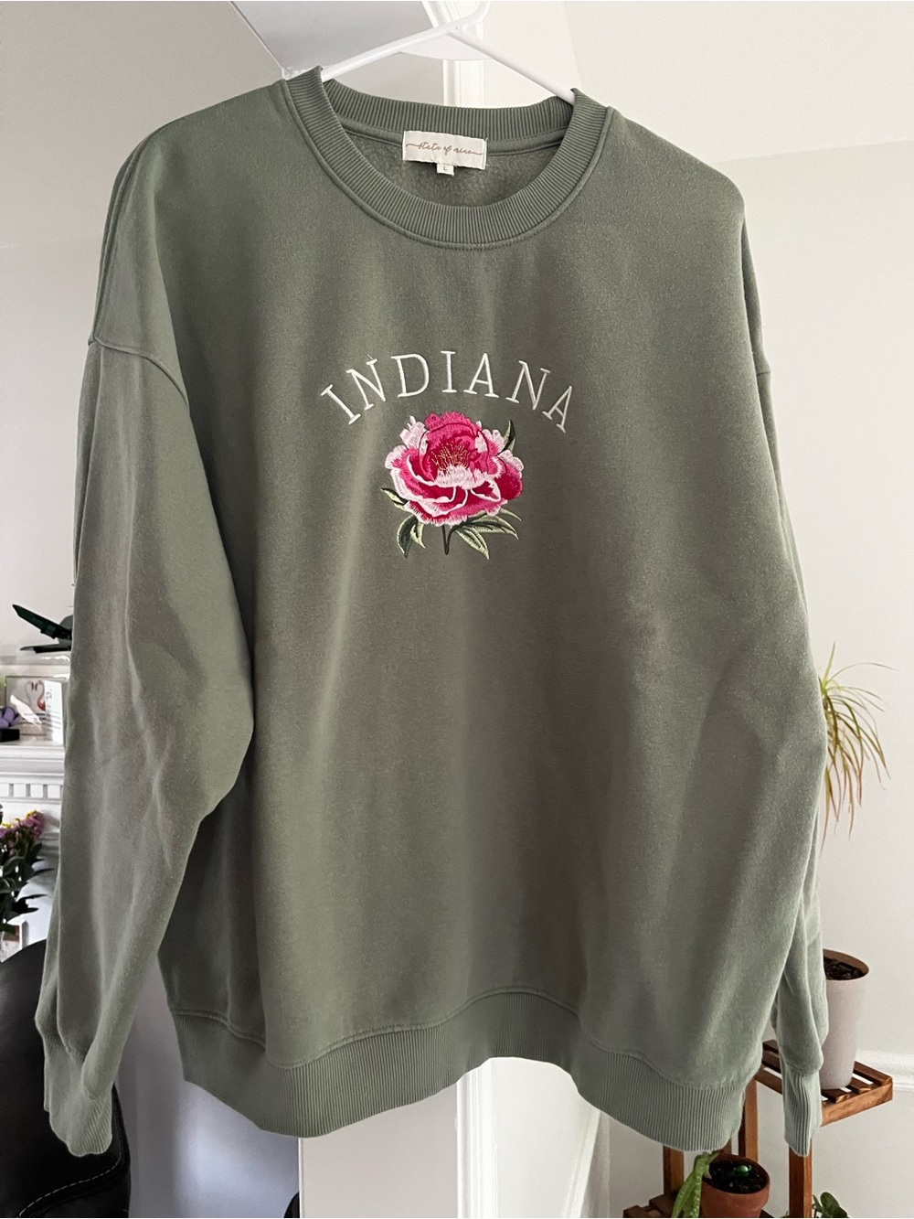 State of Mind- Indiana- Olive Green Crewneck Sweatshirt with embroidered flower
